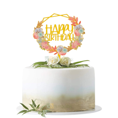 1PC Golden Acrylic Shiny Glass Finish Happy Birthday Letters With Multicoloured Flowers and Leaves Design In Circle Cake Topper Unique Elegant Font Design Cake Topper Floral Design Cake Topper