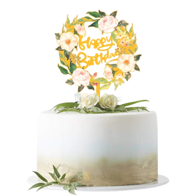 1PC Golden Acrylic Shiny Glass Finish Happy Birthday Letters With Flowers, Leaves Design In Circle Cake Topper Unique Elegant Font Design Cake Topper, Floral Design Cake Topper DIY Cake Decorations