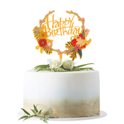 1PC Golden Acrylic Shiny Glass Finish Happy Birthday Letters With Multicoloured Flowers and Leaves Design Cake Topper Unique Elegant Font Design Cake Topper Floral Design Cake Topper Cake Decoration
