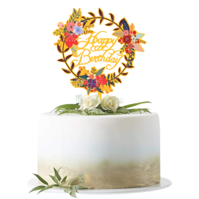 1PC Golden Acrylic Shiny Glass Finish Happy Birthday Letters With Multicoloured Flowers and Leaves In Circle Design Cake Topper Unique Elegant Font Design Cake Topper Floral Design Cake Topper