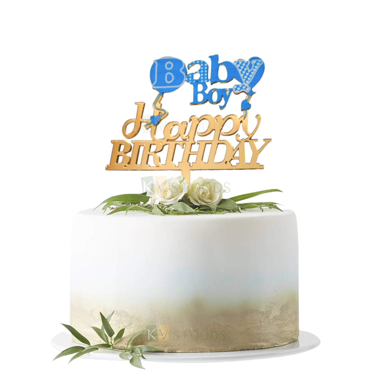 1PC Golden Acrylic Shiny Glass Finish Happy Birthday Baby Boy with Hearts Cake Topper, Blue Colour Boys Birthday Theme Unique Elegant Font Design Cake Topper DIY Cake Decorations
