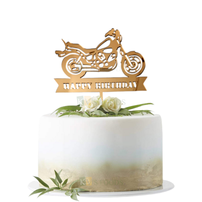 1PC Golden Acrylic Shiny Glass Finish Happy Birthday Bike Design Cake Topper Kid Boy's Birthday Theme Cake Insert, Motorcycle Riders Birthday Party, Cake Toppers for Men Boy Birthday Party Ocassions