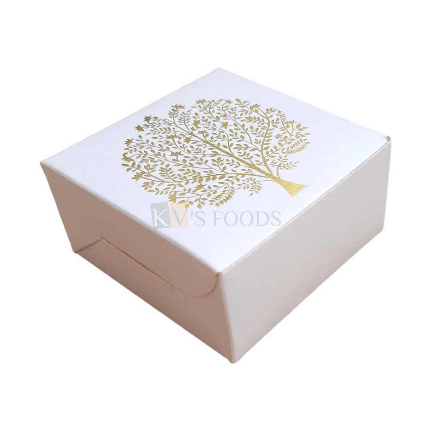 5PC Set of White With Golden Tree Design Chocolate Box Folding Box Size 3*3*1.5 Inch for Chocolates, Two Cookies, One small Size Donut Truffles Box, Festive Gift Hamper Boxes