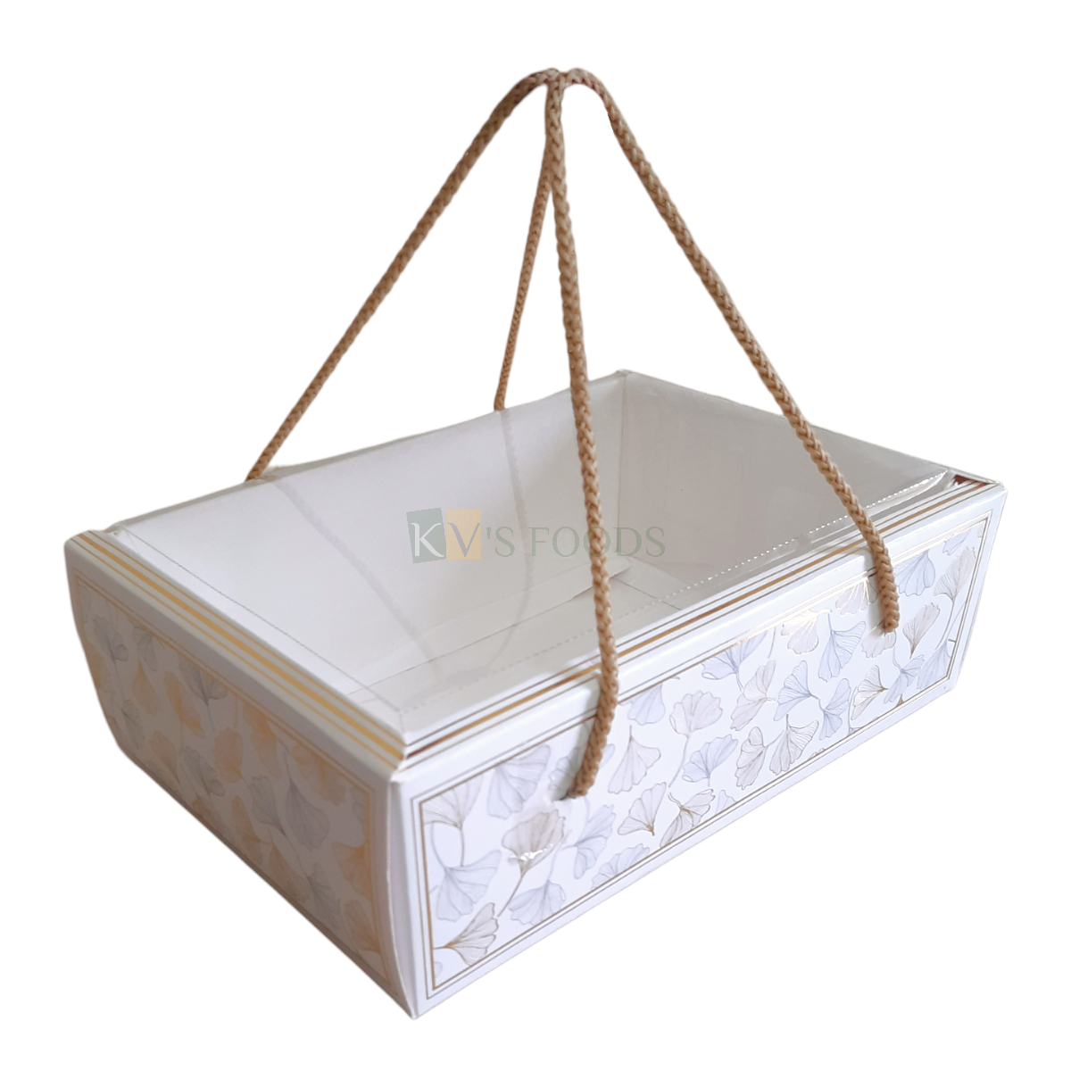 1 PC Golden And Grey Colour Ginkgo Leaves Printed Multipurpose White Chocolate Hamper Box with Transparent Window Box Size 11.9*7.7*3.5 Inch Premium Gift Hamper Bags with Clear Lid and Rope Handle