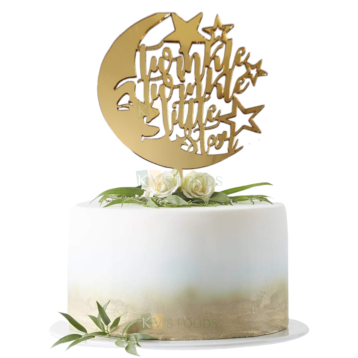 1PC Golden Acrylic Shiny Glass Finish Twinkle Twinkle Little Star with Moon and Stars Cake Topper, New Born Baby Shower Ceremony, Unique Elegant Font Design Cake Insert DIY Cake Decorations