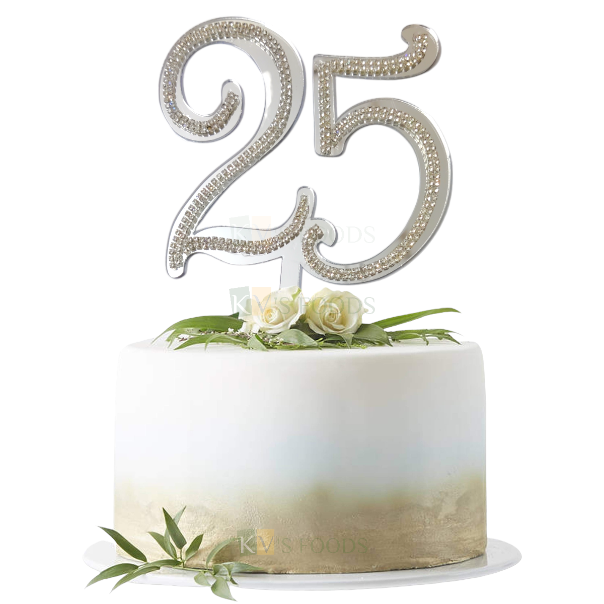 1PC Silver Shiny Acrylic 25 Number With Stones or Diamond Lace On It Cake Topper, Happy 25th Birthday Theme, 25 Years Old Birthday Party Twenty Five Number Theme Cake Topper Anniversary Celebration