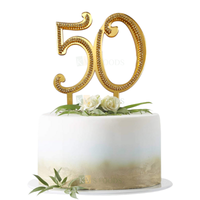 1PC Golden Shiny Acrylic 50 Number With Stones or Diamond Lace On It Cake Topper, Happy 50th Birthday Theme, 50 Years Old Birthday Party Fifty Number Theme Cake Topper Anniversary Celebration