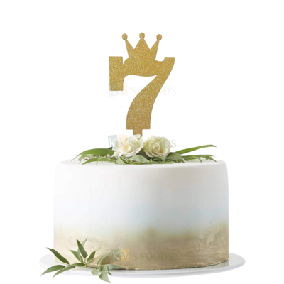 1PC Golden Shiny Glitter MDF 7 Number With Crown Cake Topper, Happy Birthday Theme, 7th Birthday Cake Topper, Seven Number Tiara Theme Cake Glitter Insert 7 Years Old Birthday DIY Cupcake Decoration