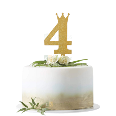 1PC Golden Shiny Glitter MDF 4 Number With Crown Cake Topper, Happy Birthday Theme, 4th Birthday Cake Topper, Four Number Tiara Theme Cake Glitter Insert 4 Years Old Birthday DIY Cupcake Decorations