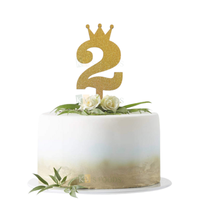 1PC Golden Shiny Glitter MDF 2 Number With Crown Cake Topper, Happy Birthday Theme, 2nd Birthday Cake Topper, Two Number Tiara Theme Cake Glitter Insert 2 Years Old Birthday DIY Cupcake Decorations