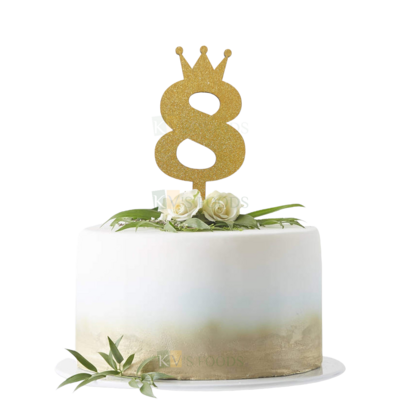 1PC Golden Shiny Glitter MDF 8 Number With Crown Cake Topper, Happy Birthday Theme, 8th Birthday Cake Topper, Eight Number Tiara Theme Cake Glitter Insert 8 Years Old Birthday DIY Cupcake Decoration