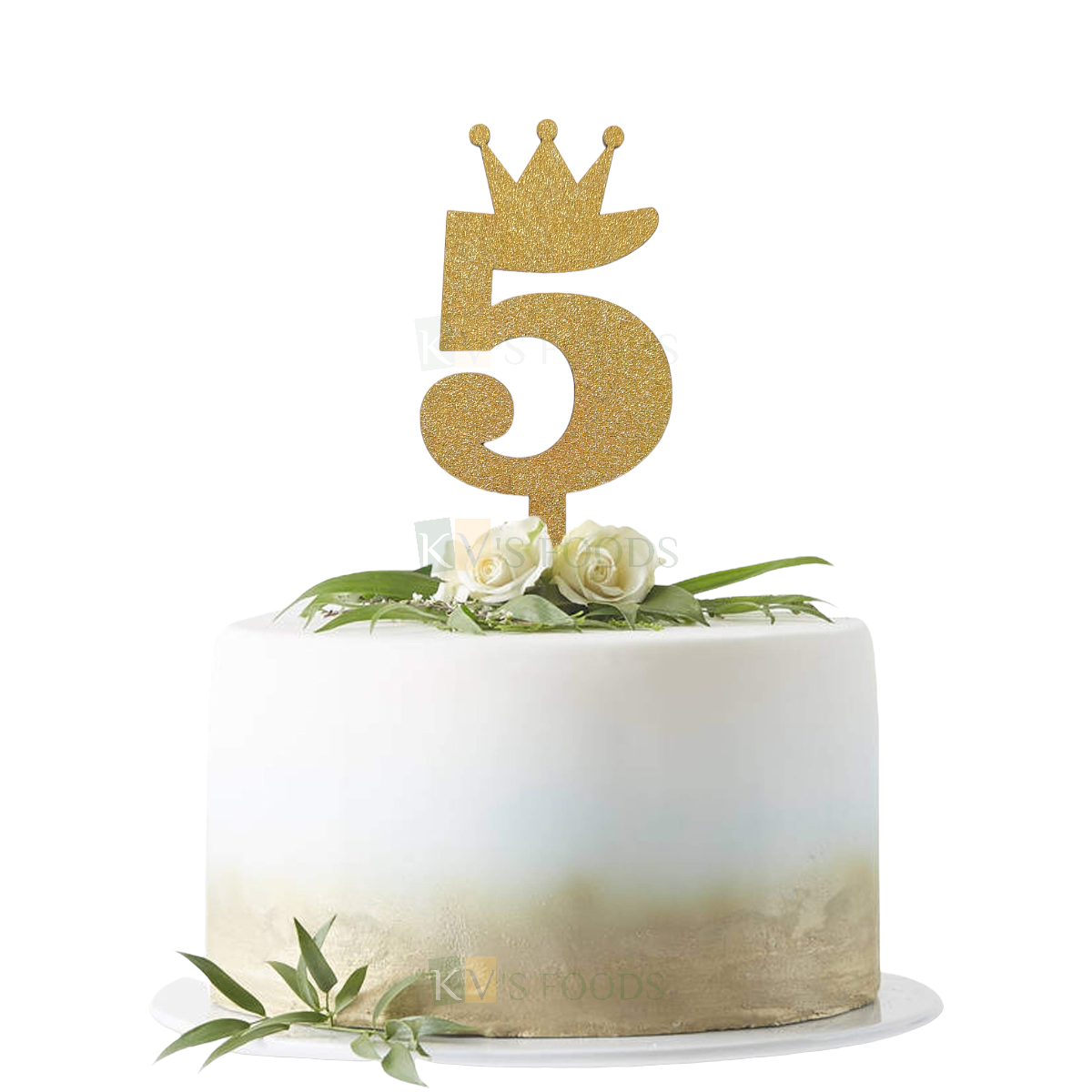 1PC Golden Shiny Glitter MDF 5 Number With Crown Cake Topper, Happy Birthday Theme, 5th Birthday Cake Topper, Five Number Tiara Theme Cake Glitter Insert 5 Years Old Birthday DIY Cupcake Decorations
