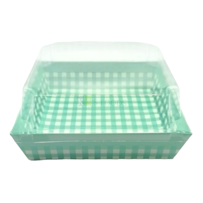 10 PC Eco Friendly Square Light Green Colour Bakeable Paper Bakeware Bake And Serve Cake Mould With Clear Lid for Plum Cakes Brownie Teal Pastel Colour Checks Paper Moulds Checkered Paper Box