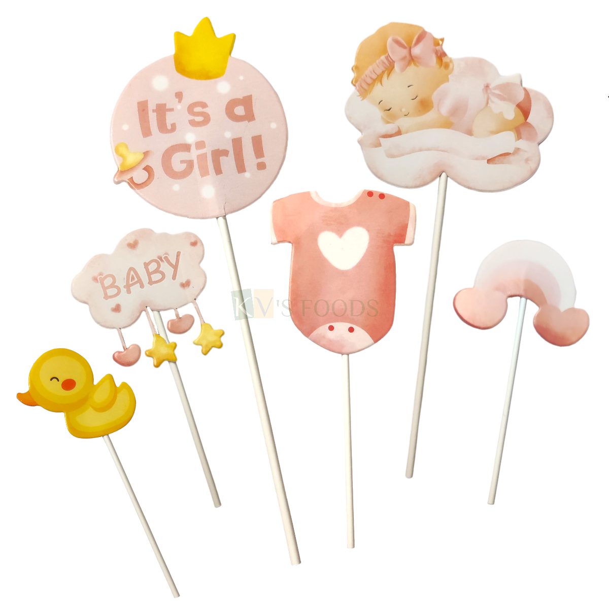 6 PC Pastel Colour Yellow and Peach Baby Shower Cake Topper New Born Girls Welcome Ceremony Party Cake Insert, Duck Cloud Crown Heart Star T-shirt Cake Decoration Item, DIY Cake Accessories and Decor