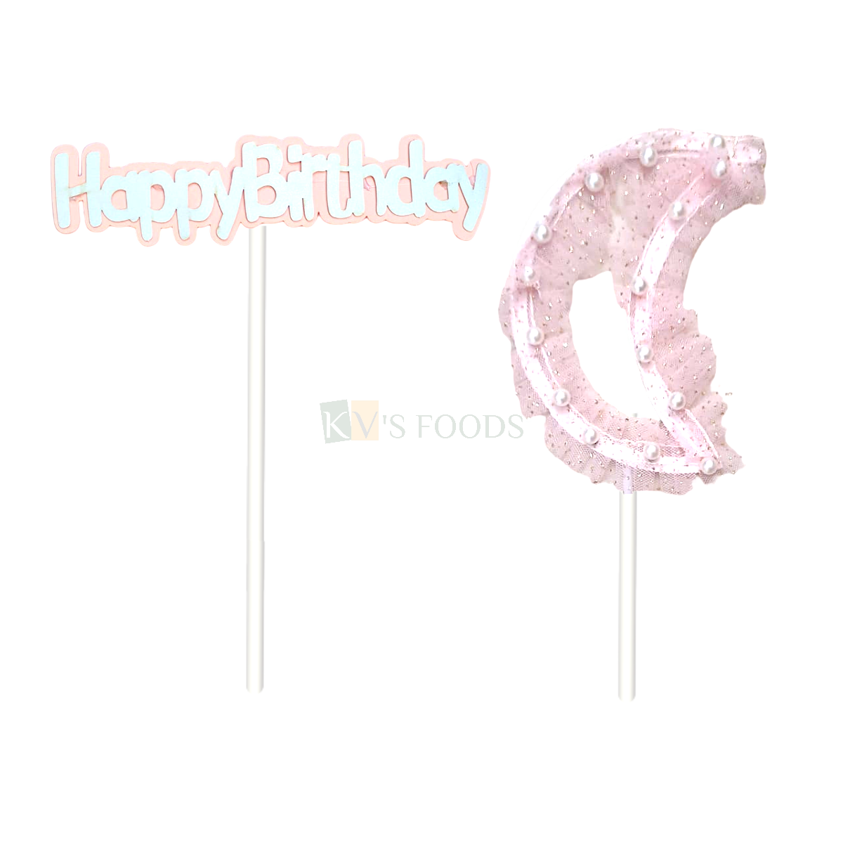 2PC Pink Colour Happy Birthday and Moon Design Net Cake Topper Kids Girls Theme Happy Birthday Cake Topper Children's Birthday Party and Ocassions Cake Insert DIY Cake Decorations
