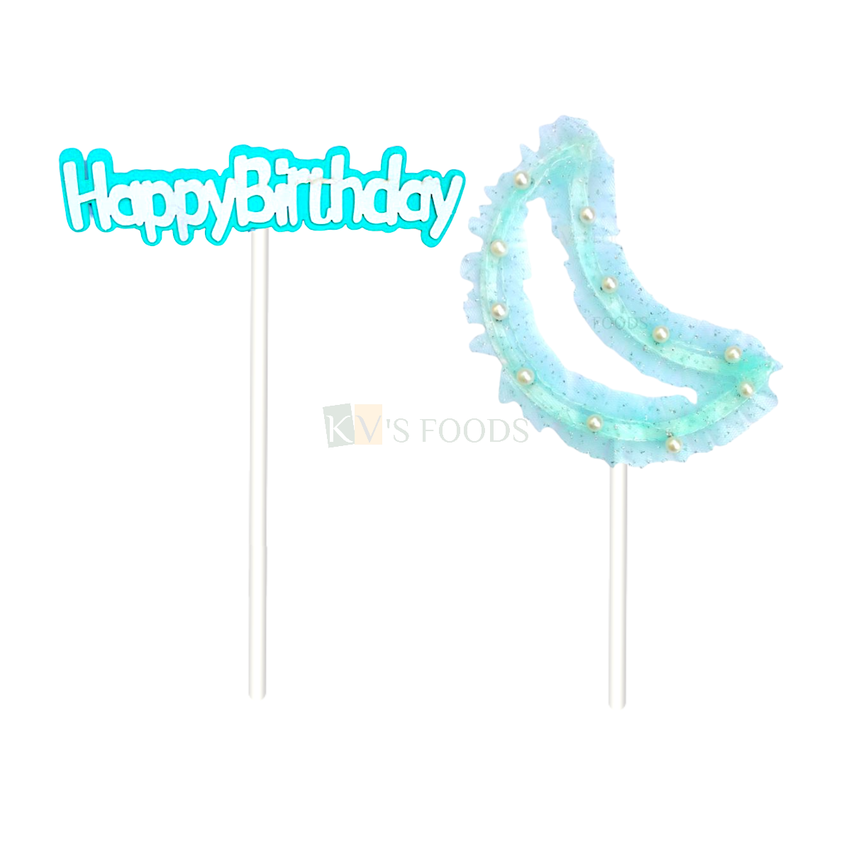 2PC Sky Blue Colour Happy Birthday and Moon Design Net Cake Topper Kids Boys Theme Happy Birthday Cake Topper Children's Birthday Party and Ocassions Cake Insert DIY Cake Decorations