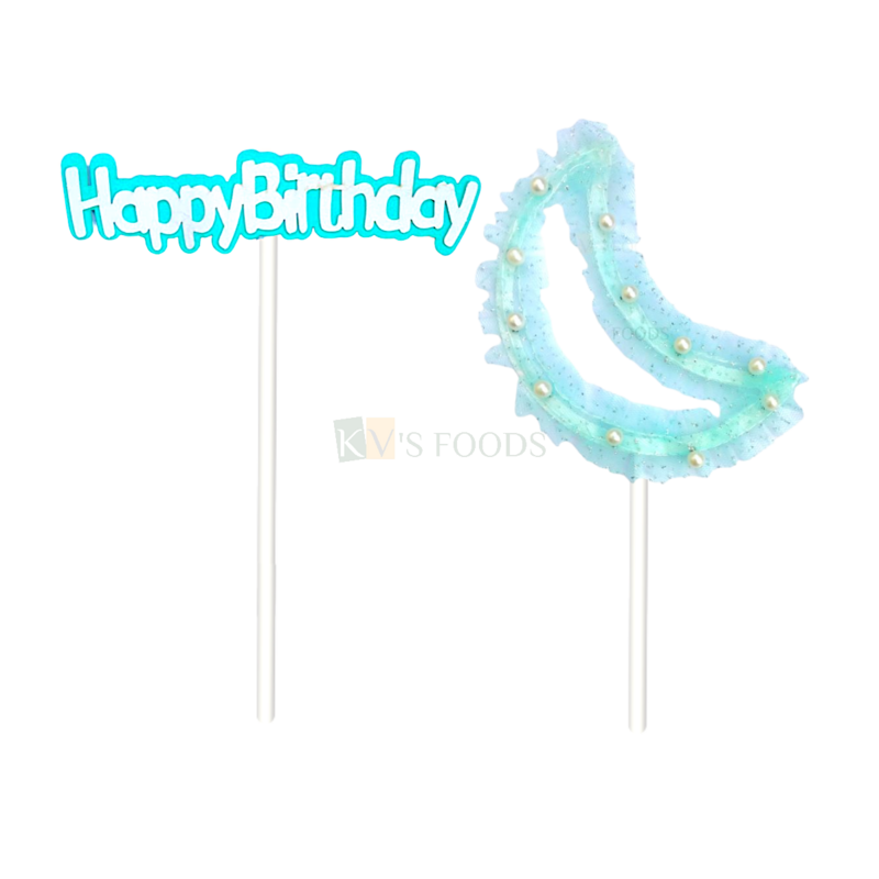 2PC Sky Blue Colour Happy Birthday and Moon Design Net Cake Topper Kids Boys Theme Happy Birthday Cake Topper Children&#39;s Birthday Party and Ocassions Cake Insert DIY Cake Decorations