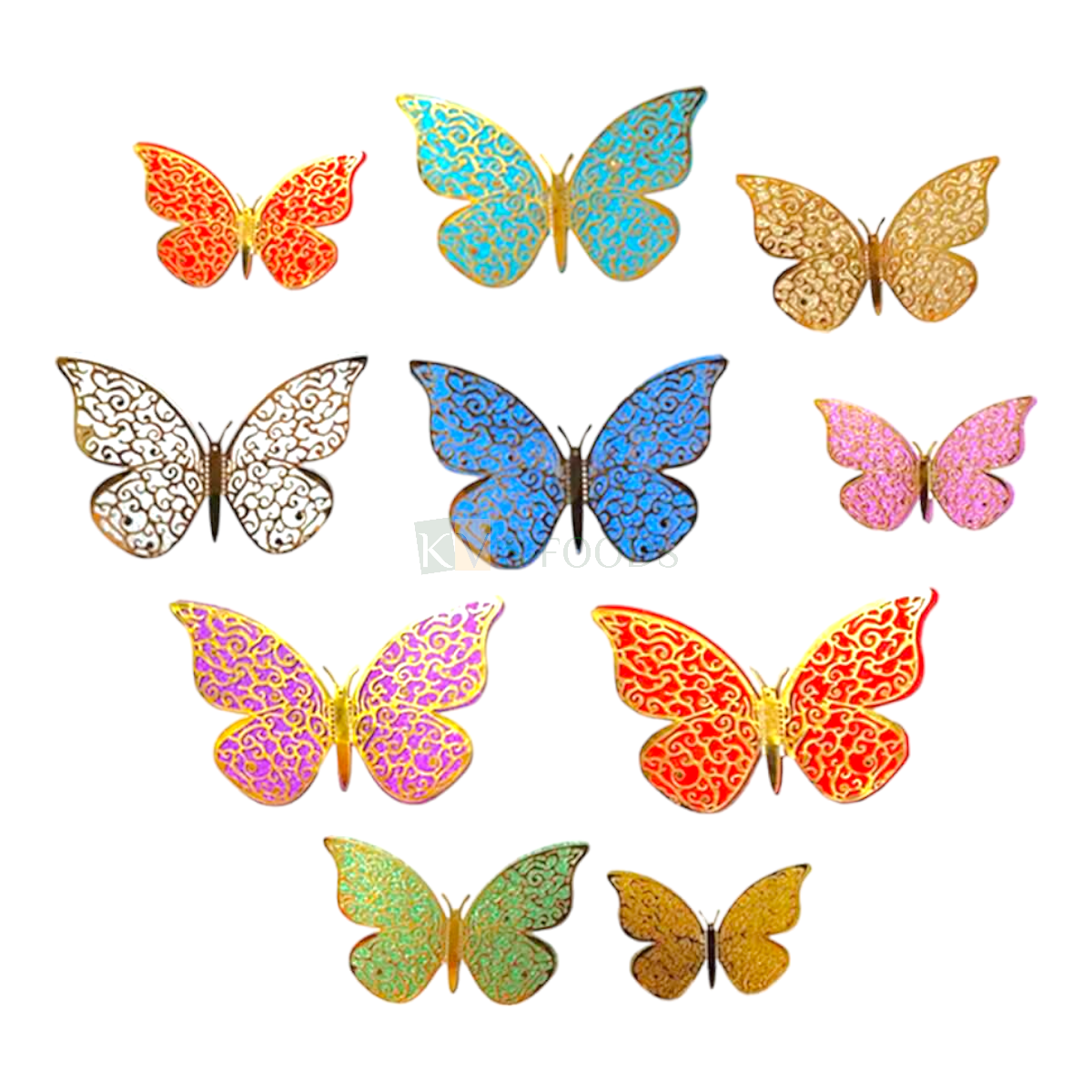 12 PCS Shiny Fancy 3D Colourful Metallic Different Size Designed Double Layer Butterfly Cake Topper Vein Glitter Hard Paper Foldable Butterfly Cake Toppers, Birthday Anniversary Side Cake Decorations