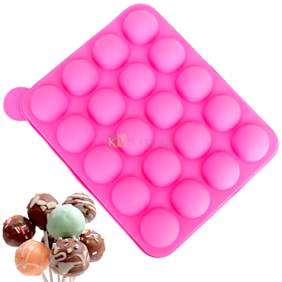 1 PC 20 Cavity Pink Colour Round Spherical Silicone Cake Pop Stick Mould, Lollipop Mold Baking Chocolate Cookie Candy Pies Maker Popsicles Non Sticking Reusable Flexible Tray Half Circle Moulds