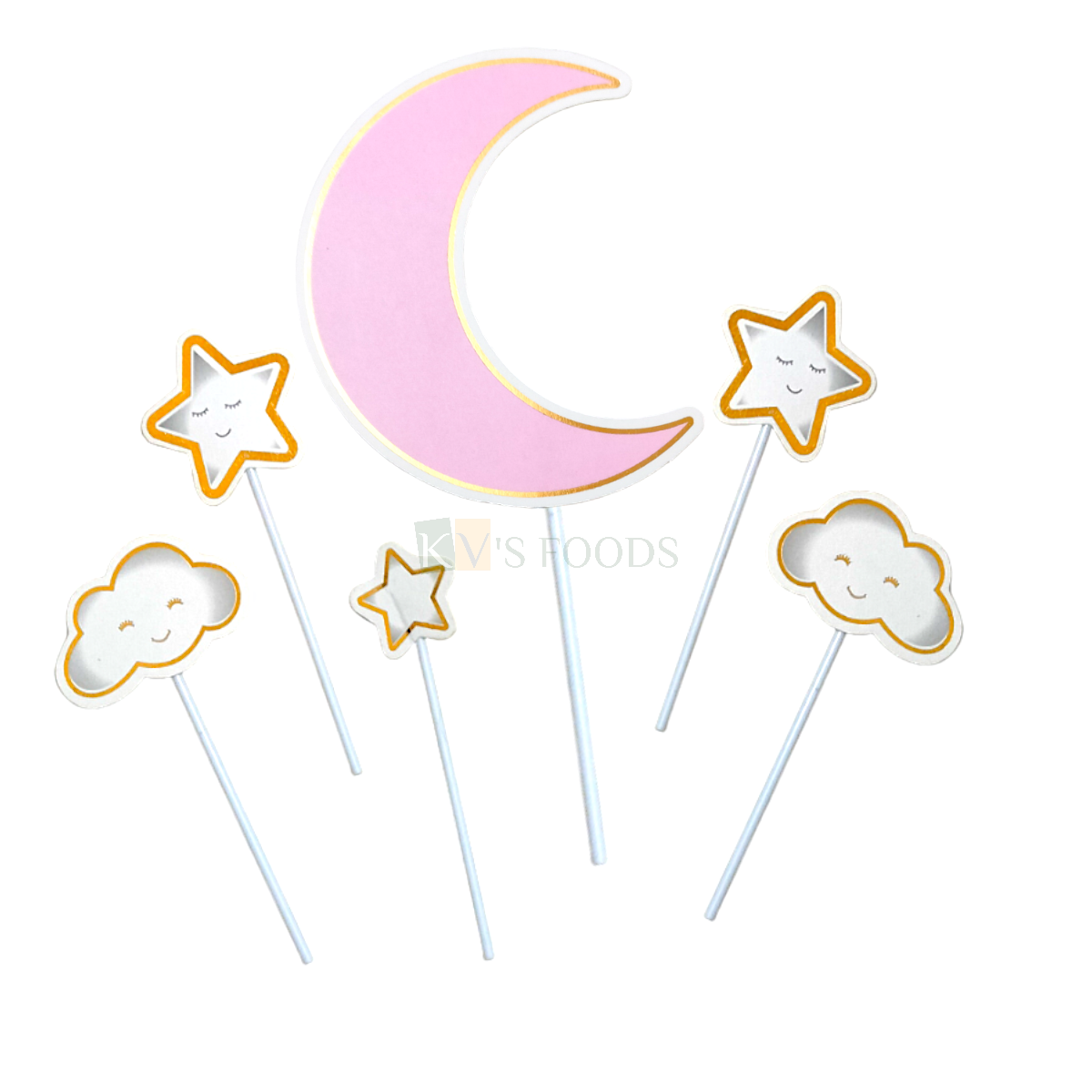 6 PC Pink Colour Moon Clouds Stars Paper Cake Topper Kids Girls Princess Pink Theme Happy Birthday Cake Insert Baby Shower Theme Paper Cake Topper Baby Shower Theme Party DIY Cake Decoration