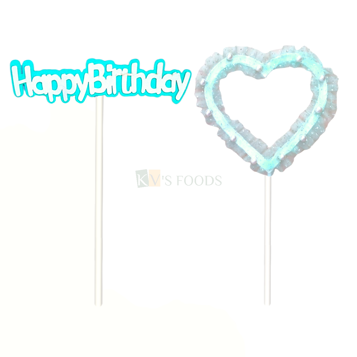 2PC Sky Blue Colour Happy Birthday and Heart Shape Design Net Cake Topper Kids Boys Theme Happy Birthday Cake Topper Children's Birthday Party and Ocassions Cake Insert DIY Cake Decorations