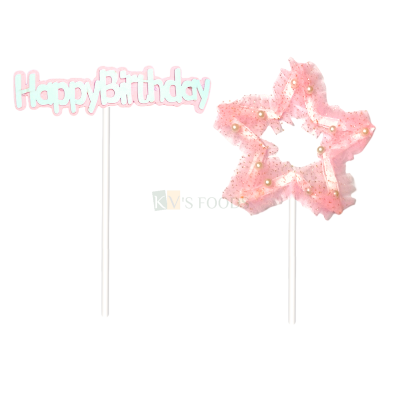 2PC Pink Colour Happy Birthday and Star Shape Design Net Cake Topper Kids Girls Theme Happy Birthday Cake Topper Children&#39;s Birthday Party and Ocassions Cake Insert DIY Cake Decorations