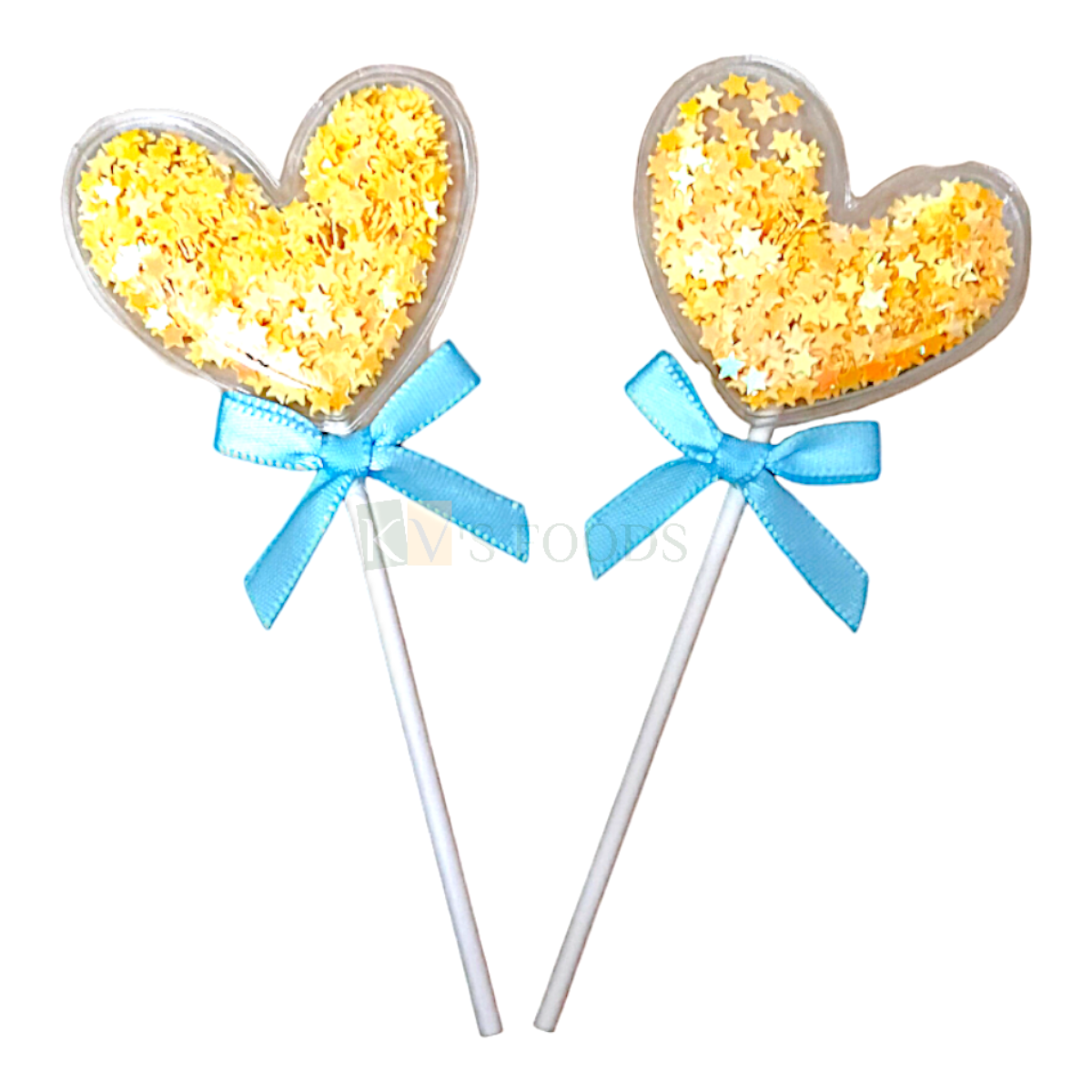 2PC Yellow Colour Shiny Stars Shaped Confetti Filled in Transparent Hearts Blue Satin Lace Knot Cake Topper Kids Happy Birthday Cake Insert Anniversary Love Valentine Celebration DIY Cake Decoration