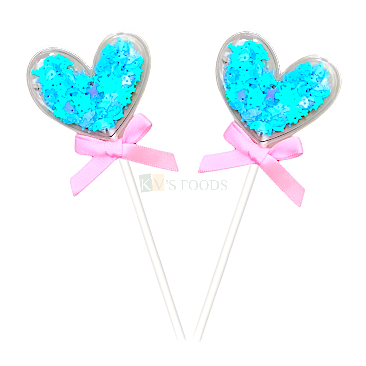 2PC Blue Colour Shiny Fish Shaped Confetti Filled in Transparent Hearts Pink Satin Lace Knot Cake Topper Kids Happy Birthday Cake Insert Anniversary Love Valentine Celebration DIY Cake Decoration