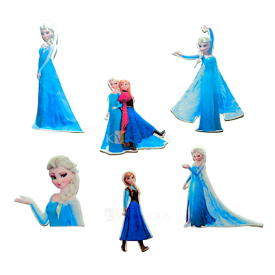 6 PCs Colourful Mix Design Frozen Sisters Elsa Anna Princess Disney Cartoon Theme Pre-Cut Pre-Printed Edible Wafer Paper Cutout Kids Girl Blue Theme Happy Birthday Cake Topper Stick-on Cake Decoration