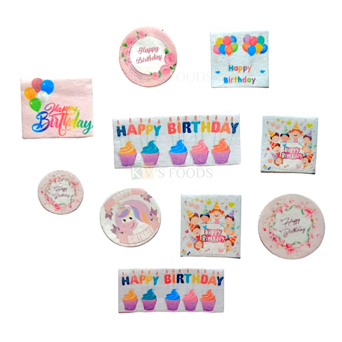 10 PCs Happy Birthday Mix Design Pre-Cut Pre-Printed Edible Wafer Paper Cutouts Stick-on Cake Decor Kids Girls Happy Birthday Banners Balloons, Cupcakes Candle Designs DIY Cake Decorations