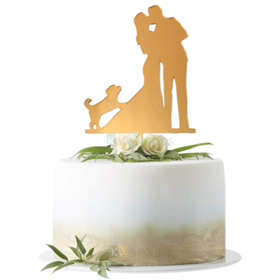 1PC Golden Acrylic Shiny Glass Finish Dressed Up Bride Kissing Groom and Pet Dog Cake Topper, Happy Anniversary Cake Topper Romantic Couple Wedding Engagement Insert DIY Cake Decorations
