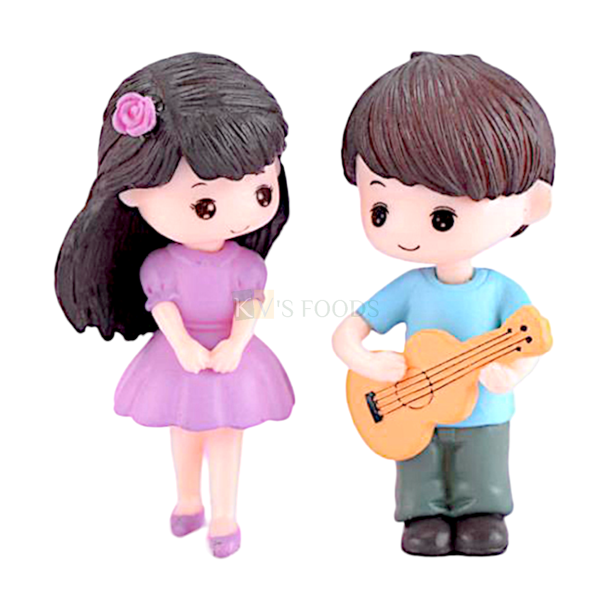 2PC 2 Inch Height Colourful Mini Kids Cute Girl Boy with Guitar Miniature Cake Topper Cartoon Love Couple Figurines Statue Happy Birthday Doll Theme Cake Topper DIY Cake Decorations