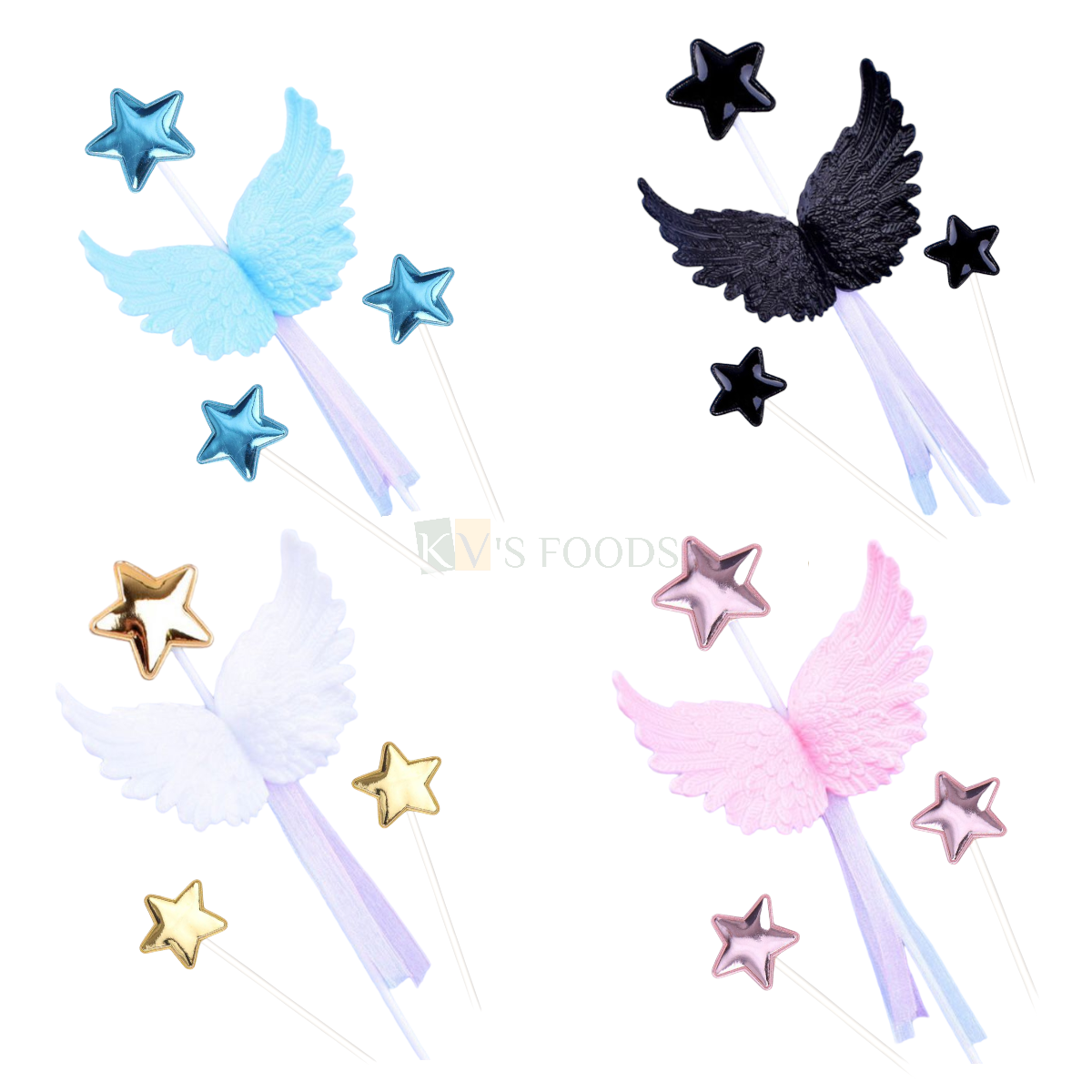 1PC Multicoloured Angel Wings With Star Cake Topper Girls Happy Birthday Cake Insert Reusable Unicorn Wings Theme Kids Party Event Cake Topper DIY Friends Birthday Cake Decorations Crafts