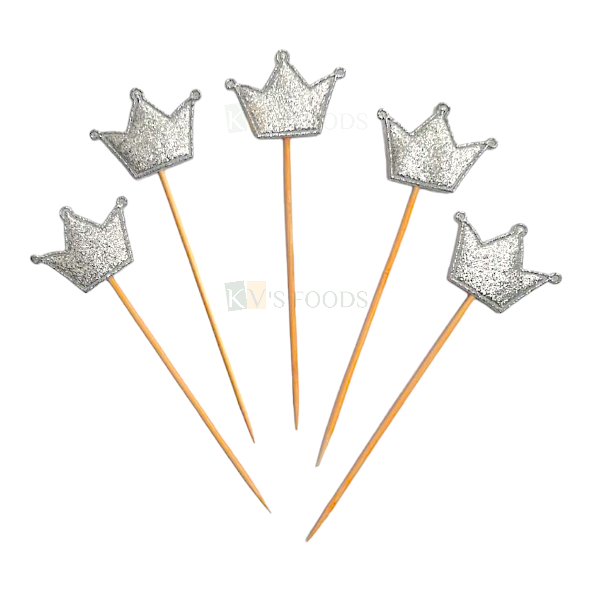 10 PCS Shiny Glittery Silver Crown Shape Toothpick Cake Topper Cupcake Toppers Wedding New Years Cakes Decorations Happy Birthday Theme Fruit Pick Foamed Bamboo Toothpicks DIY Cake Decorations