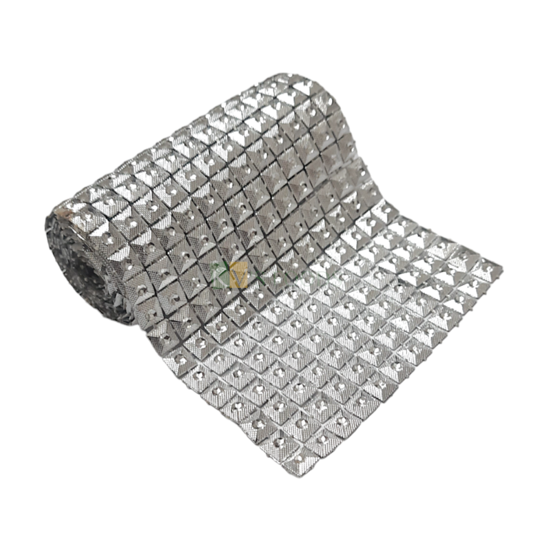 1 PC Approx. 1 Meter Length 4 Inch Wide Silver Pyramid Shape Checks Square Design Rhinestone Ribbon Roll Lace for Cake Decoration Sparkling Diamond Mesh Wrap Lace for Wedding Cakes Silver Lace