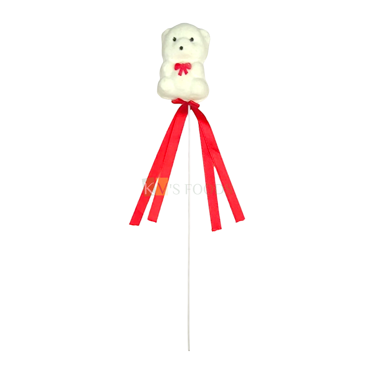 1PC White Small Teddy Bear with Red Satin Lace Knot Cake Topper Kids Girl Boys Happy Birthday Cake Insert Picks, Romantic Love Valentine Theme Bouquet Fillers, Teaddy Bear Stick DIY Cake Decorations