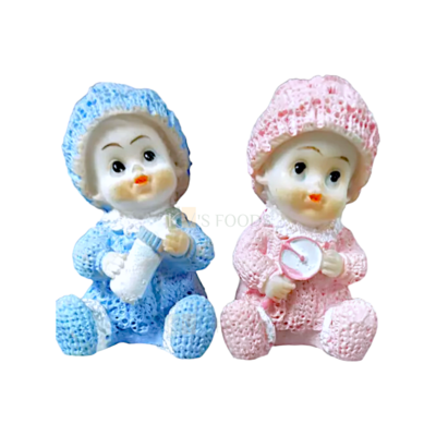 2PC Pink Sitting Baby Girl With Toy Blue Baby Boy With Milk Bottle Doll Cake Topper Small Cute Mini Baby Shower Cake Topper, Miniature Figurine Happy Birthday Theme Kids Room Decor DIY Cake Decoration