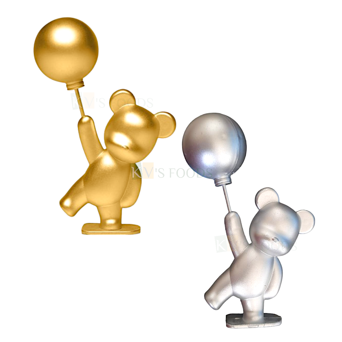 1PC Silver Golden Shiny Teddy Bear With Balloon Cake Topper Wedding Love Valentine Baby Shower Cake Topper, Miniature Figurine Happy Birthday Theme Kids Room Decor DIY Cake Decoration Gift Party Decor