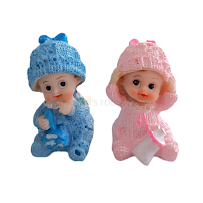 2PC Pink Sitting Baby Girl With Milk Bottle Blue Baby Boy With Toy Doll Cake Topper Small Cute Mini Baby Shower Cake Topper, Miniature Figurine Happy Birthday Theme Kids Room Decor DIY Cake Decoration