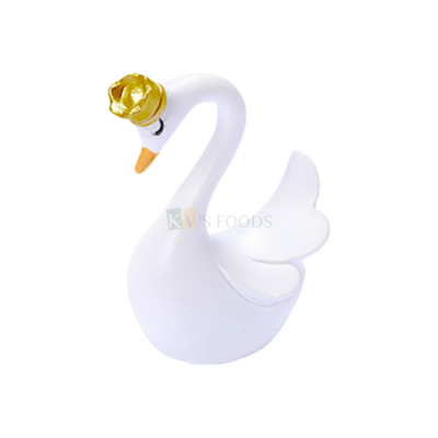 1PC White Swan Animal Small Statue Miniature Figurines Cake Toppers with Golden Crown, Doll Cake Ornaments, Happy Birthday Theme Home Decor, Swan Model Fairy Garden Landscape DIY Cake Decorations