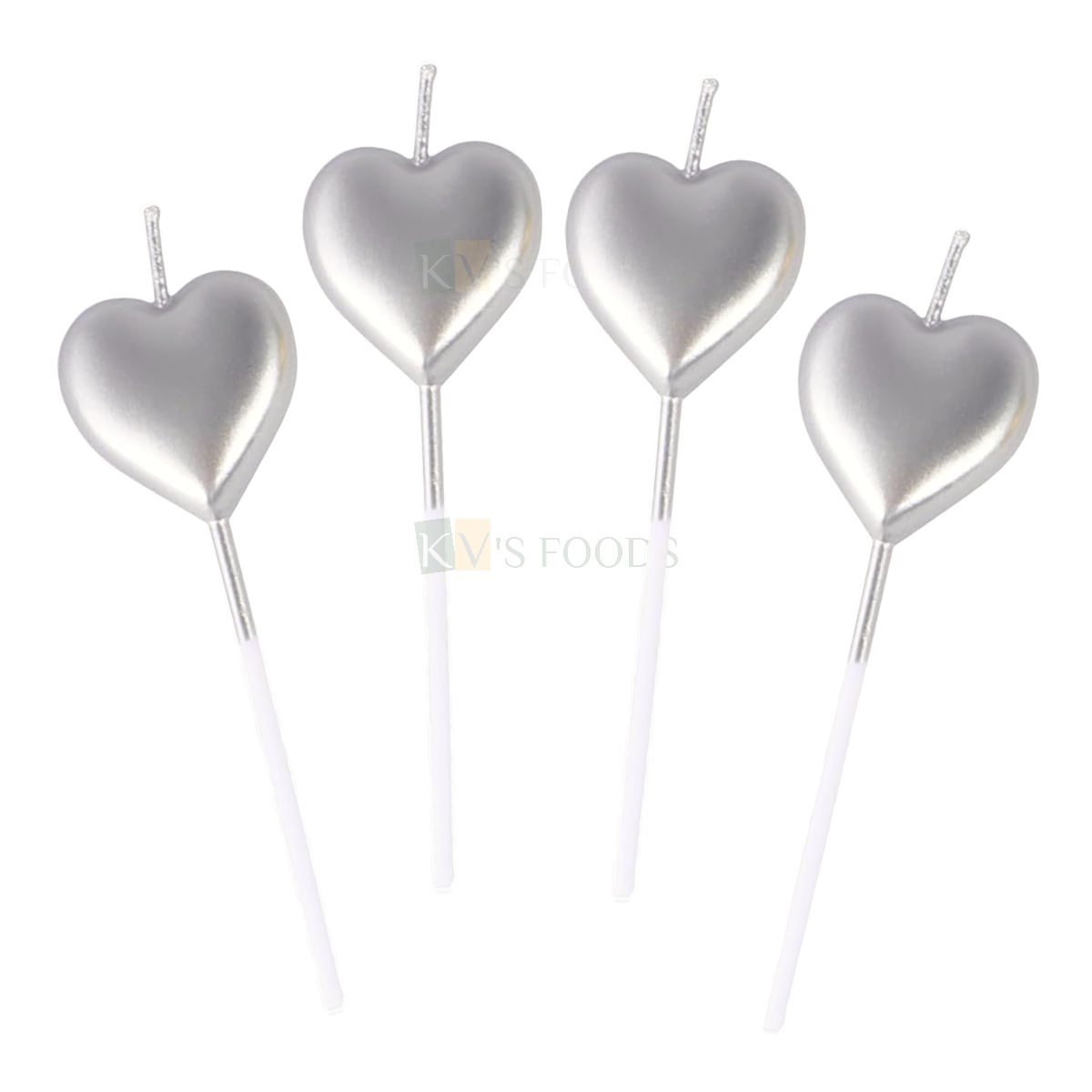 4 PCS Shiny Silver Colour Metallic Heart Shape Wax Candles Cake and Cupcake Inserts Wedding Anniversary Love Valentine's Cakes Decorations Happy Birthday Theme Silver Heart DIY Cake Decorations