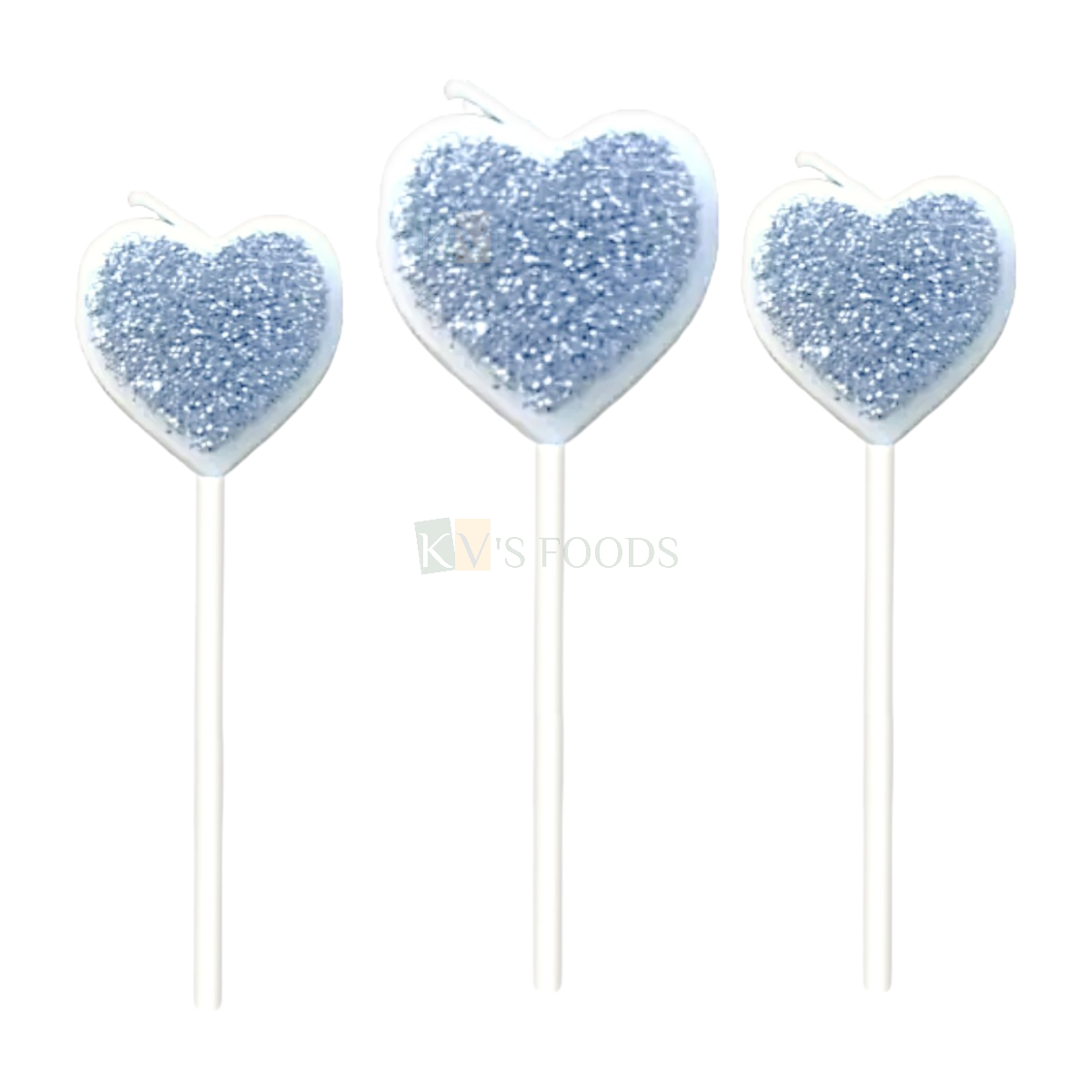 3 PCS Silver White Colour Shiny Glittery Heart Shape Wax Candles Cake and Cupcake Inserts Wedding Anniversary Love Valentine's Cakes Decorations Happy Birthday Theme Candle DIY Cake Decoration
