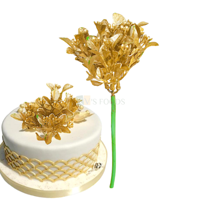 1PC Golden Shiny Glossy Finish Artificial Flowers Leaves Branches Cake Toppers, Metallic Gold Plants Cake Insert Decorations for Wedding Anniversary Baby Shower Birthday Party DIY Cake Decorations
