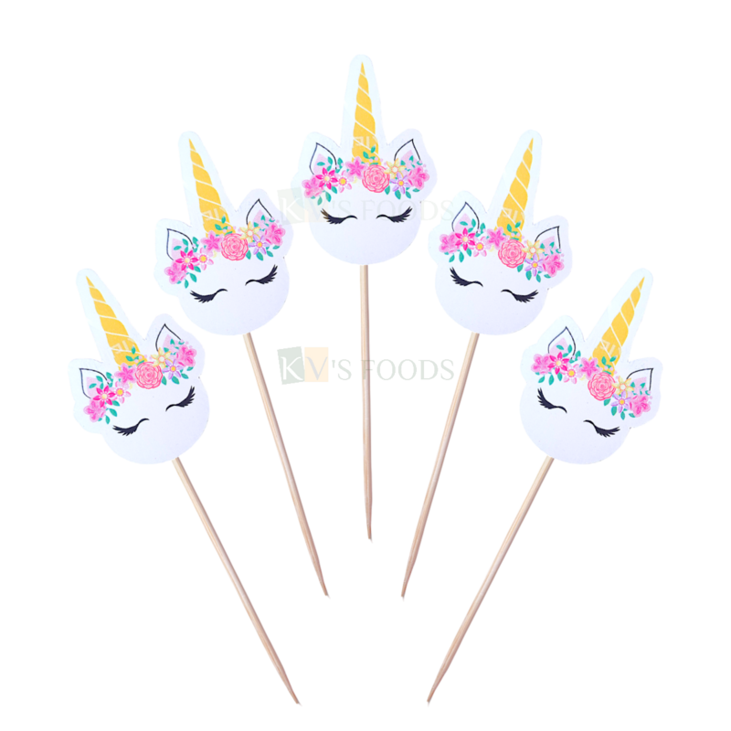 10 PCS Multicolured Cute Unicorn Face Toothpick Cake Topper Cupcake Toppers Kids Girls Princess Happy Birthday Unicorn Theme Baby Shower Party Fruit Pick Bamboo Toothpicks DIY Cake Decorations