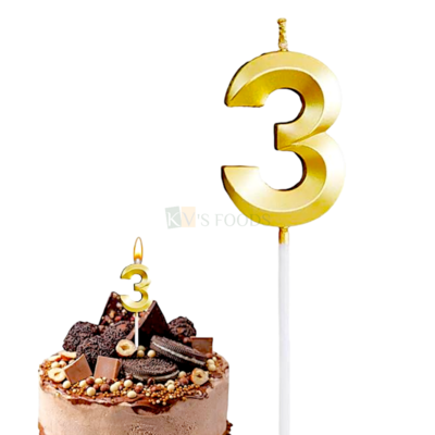 1PC Metallic Golden Colour Shiny 3 Number Wax Candle Cake Topper, Birthday Candles, 3rd Birthday Candle Cake Topper, Three Number Theme Cake Insert 3 Years Old Birthday Party DIY Cupcake Decorations