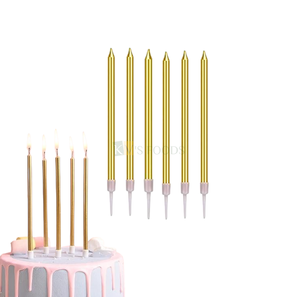 6PCS Metallic Golden Colour Shiny Slim Long Thin Wax Candles Set with Holders Cake Topper, Kids Girls Boys Happy Birthday Candles, Pillar Candle Insert Wedding, Bridal Shower DIY Cupcake Decorations