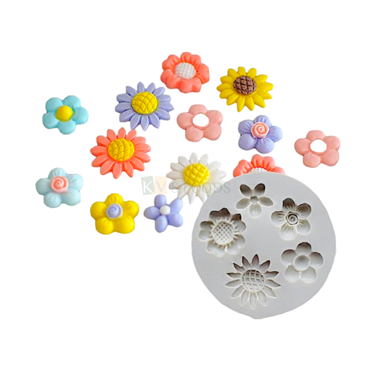 1 PC Silicone Fondant Small Sunflower Plum Different Flowers Chocolate Mould 5 Cavity, Wedding Anniversary Theme Colourful Flowers Cupcake Theme Garden Theme Cakes Happy Birthday Theme Flexible Moulds