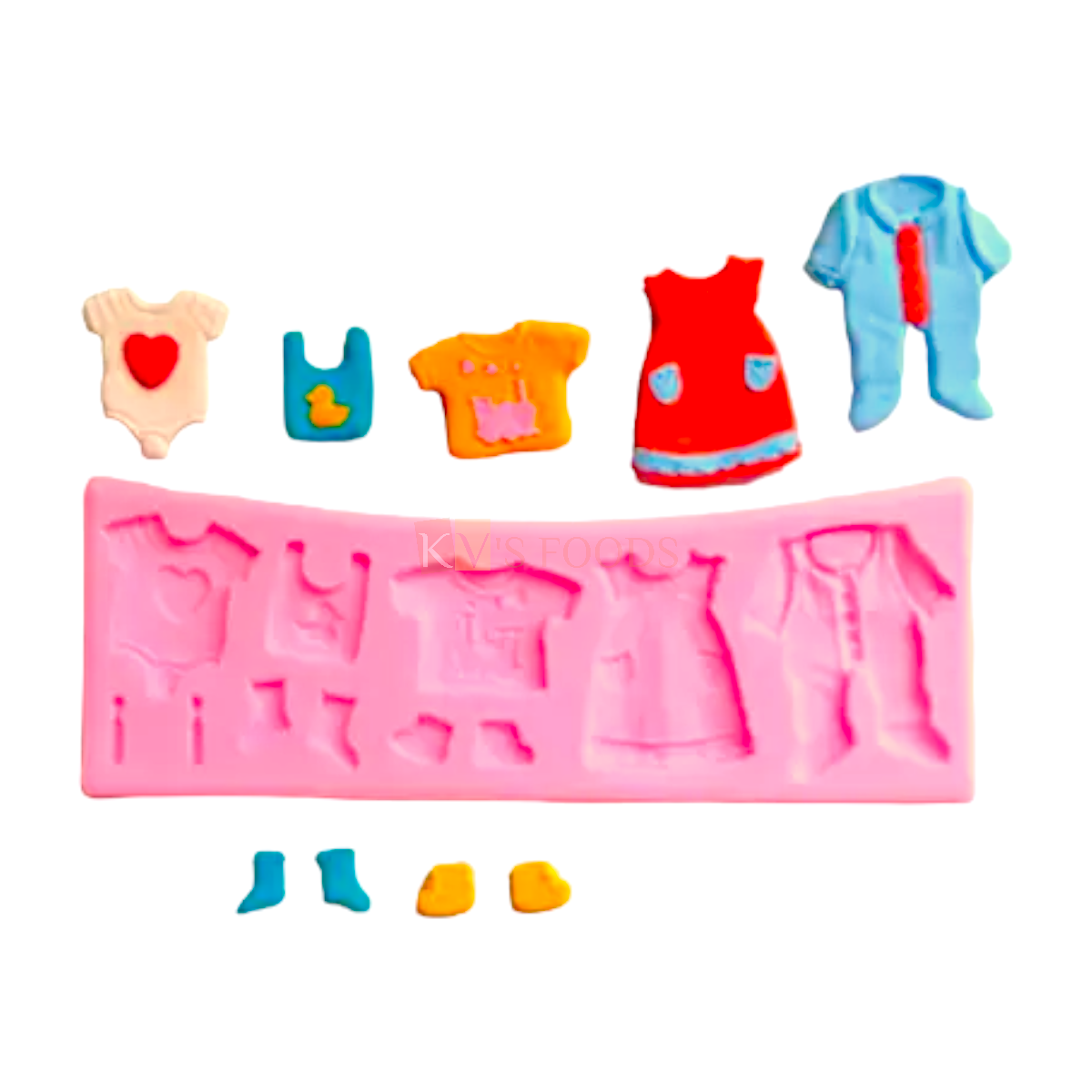 1 PC Silicone Fondant Baby Clothes Chocolate Mould 11 Cavity, Kids Baby Girls Frocks Socks Baby Boys Tshirt Bib Dress Jumpsuits Flexible Moulds Baby Shower Theme DIY Cake Decorating Molds