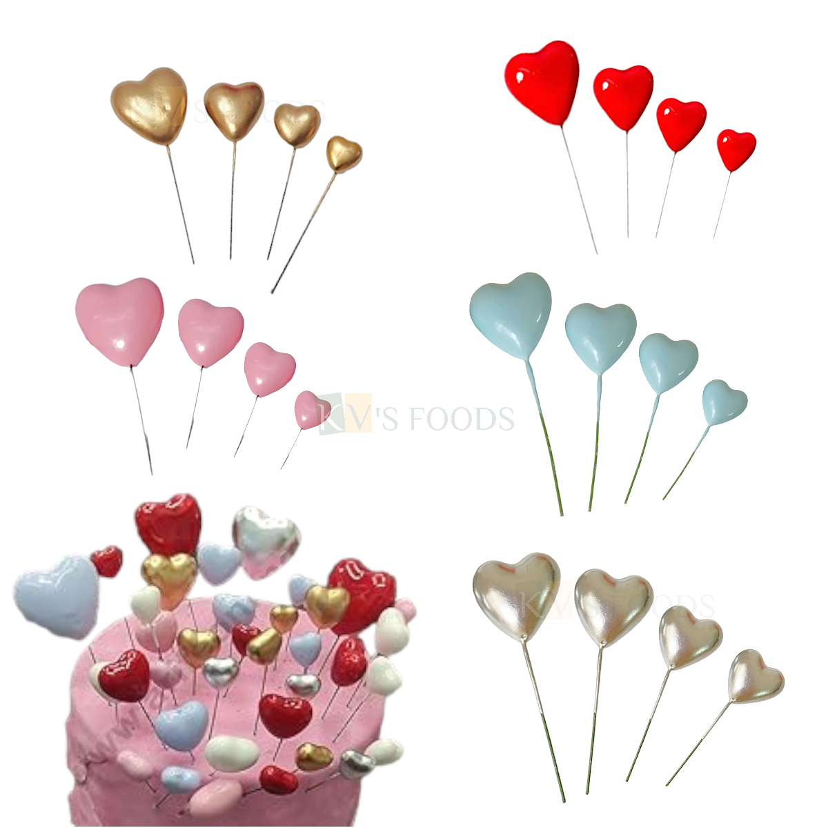 20PCS Pastel Colour 4 Different Sizes Shiny Heart Faux Balls Cake Toppers, Love Valentines Day Cupcake Inserts, Wedding Anniversary Baby Shower Birthday Party Theme DIY Cake Decoration