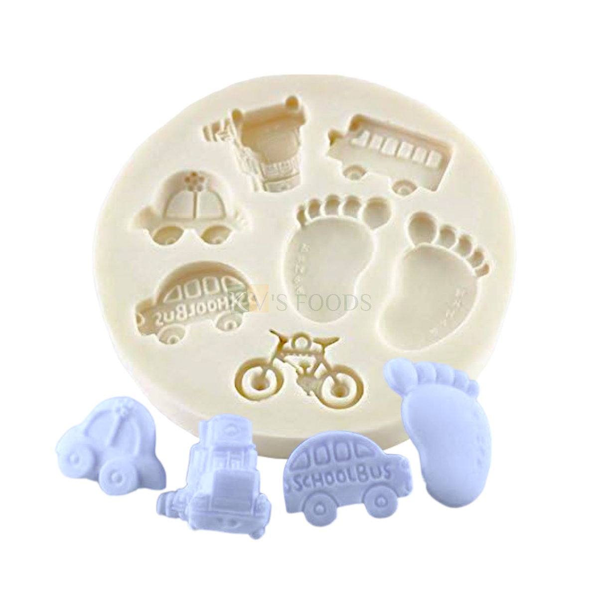 1 PC Silicone Fondant Baby Foots Car Cycle School Bus Toy Chocolate Mould 7 Cavity, Baby Themed Cake Flexible Moulds Baby Shower Theme Mini Baby Feet DIY Cake Decorating Molds